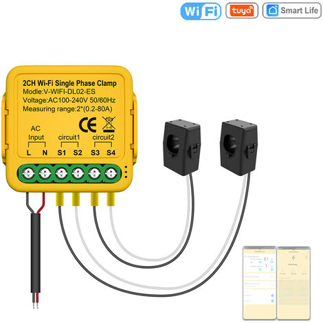 Tuya WiFi Contrôleur marche-arrêt 80A Compteur d'énergie Transformateur de courant Pince KWh Moniteur de puissance Statistiques électriques Appareil de surveillance Compatible Alexa Google Home pour c