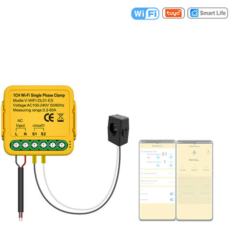 Tuya WiFi Contrôleur marche-arrêt 80A Compteur d'énergie Transformateur de courant Pince KWh Moniteur de puissance Statistiques électriques Appareil de surveillance Compatible Alexa Google Home pour c