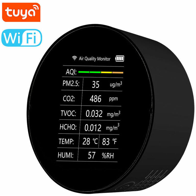 Tuya WiFi Détecteur de qualité de l'air multifonctionnel 7 en 1 PM2,5 TVOC CO2 HCHO Température Humidité AQI Détecteur Bureau à domicile Bureau