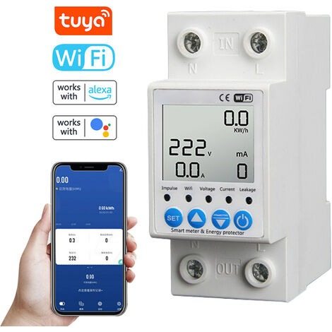 Tuya WiFi Interrupteur de protection intelligent contre les fuites Surveillance de la tension de courant Disjoncteur Fonction de minuterie Compteur de puissance Compatible avec Amazon Alexa et Google