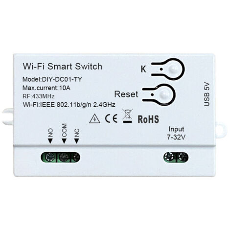 Tuya Wifi RF Ein-/Ausschaltmodul für 5V/12V Haushaltsgeräte mit Schutzschalter, automatischer Verriegelung und mobiler Anwendung, kompatibel mit Sprachsteuerung.