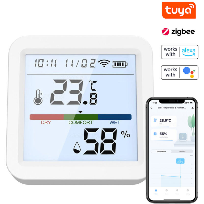 Tuya ZigBee Testeur de température et d'humidité Écran LCD rétroéclairé Application de téléphone portable Contrôle à distance Liaison intelligente