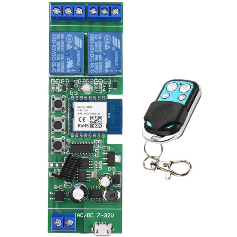 Tuya Zweikanal-WLAN-Schalter mit drahtlosem Relaismodul – Fernsteuerung über Alexa-App – 433-MHz-RF-kompatibel – 5V/7–32V DC-Netzteil – Zeitschalt- und Smart-Home-Funktionen