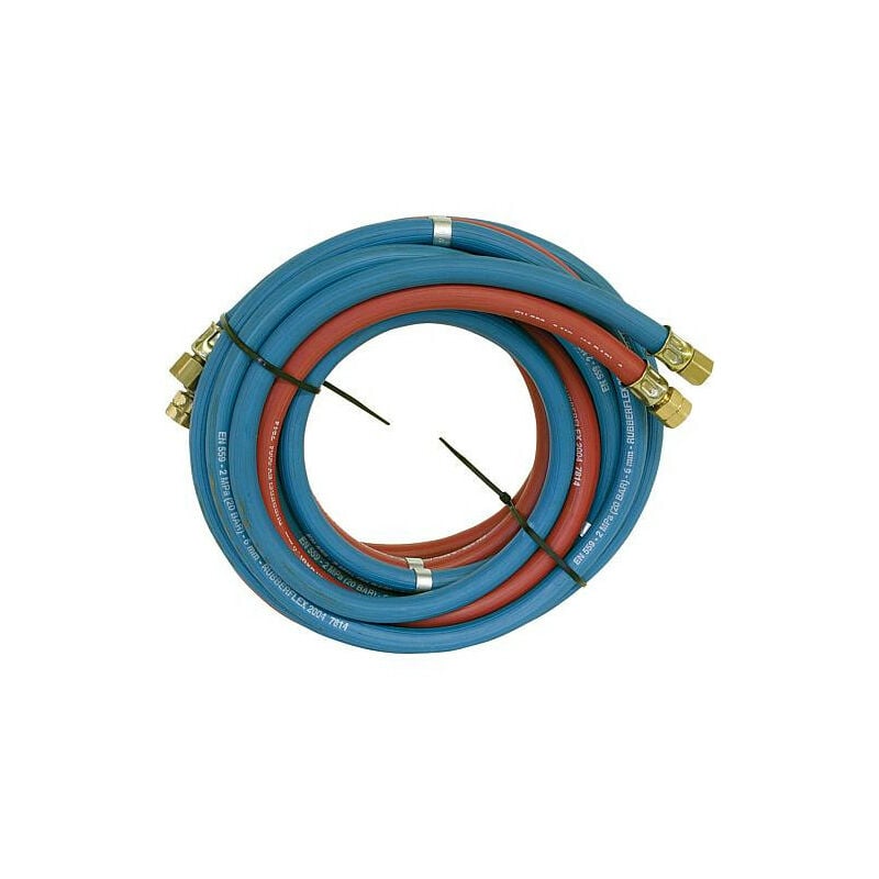 Tuyau acetylene et oxygene 9x3,5mm(A) 6x5,0mm(S), 15 metres gaine et ecrou chapeau 1/4' droite, 3/8' gauche