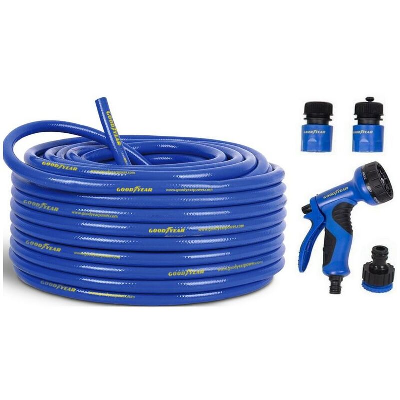 Goodyear - Tuyau arrosage 25m + Pistolet multi-jets 9 fonctions + 3 raccords Anti torsion Anti uv 24 bar ø 13 mm pvc Tri couches - Bleu