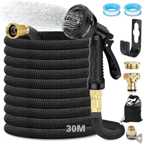 Tuyau Arrosage Extensible 30 m, D'arrosage Flexible Avec Raccord en Laiton 3/4' et 1/2', Tête de Pulvérisation avec 8 Fonctions, Sac Rangement, pour Jardin, Camping-Car Noir - M