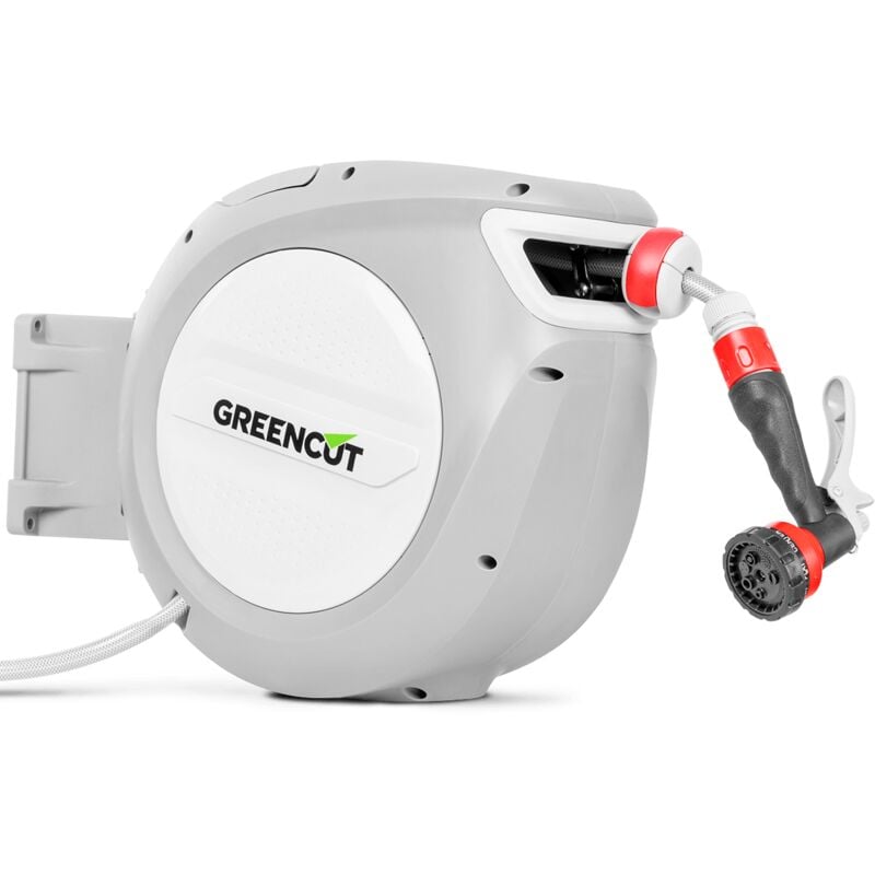 Greencut - Tubo dell'acqua 20m, avvolgitubo automatico e supporto a parete girevole a 180º, tubo flessibile con 9 posizioni MNG200