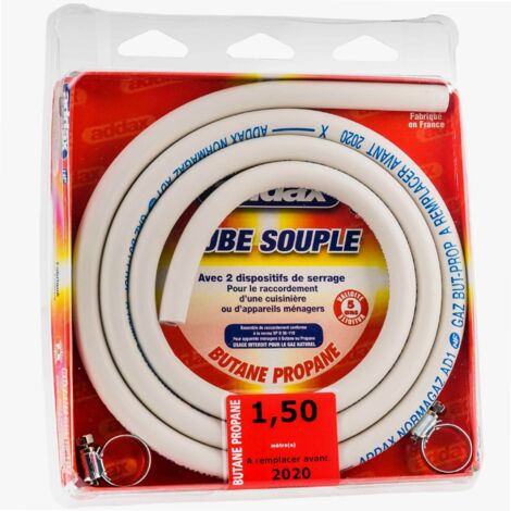 Tuyau d'alimentation en gaz PVC 1,5m – Diamètre 6mm – Norme XP D 36-110 – Compatible butane et propane – Colliers de serrage inclus – Addax
