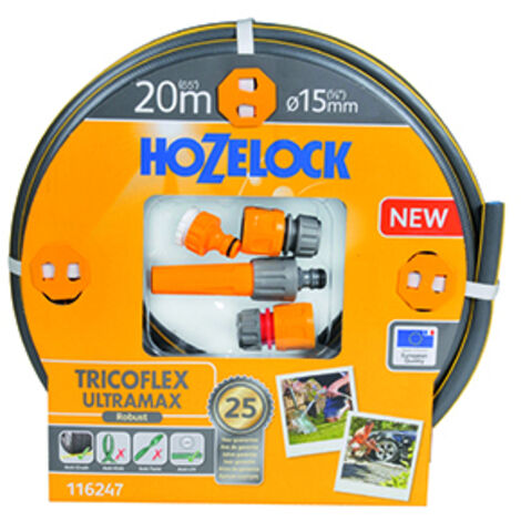 tuyau d'arrosage ø15mm x l 20m tricoflex ultramax hozelock tricoté 5 couches, robuste et anti-torsion, gris avec sur-épaisseurs