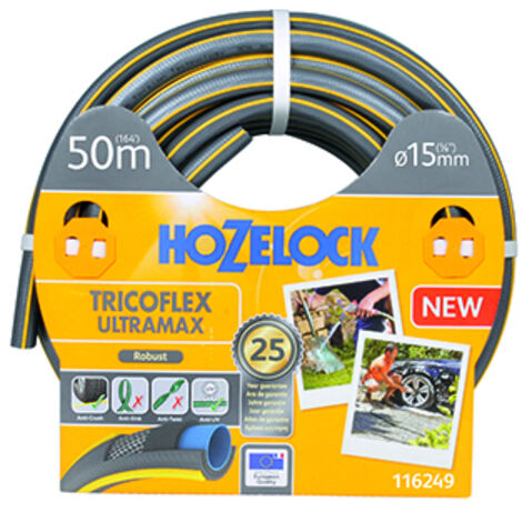 tuyau d'arrosage ø15mm x l 50m tricoflex ultramax hozelock tricoté 5 couches, robuste et anti-torsion, gris avec sur-épaisseurs