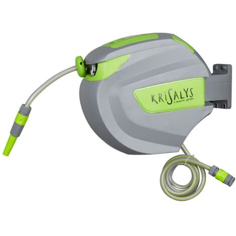 Tuyau d'arrosage 20m Ø15mm – Dévidoir mural automatique pivotant 180° – PVC renforcé – Pression 8 bar – Guidage anti-vrillage – Krisalys