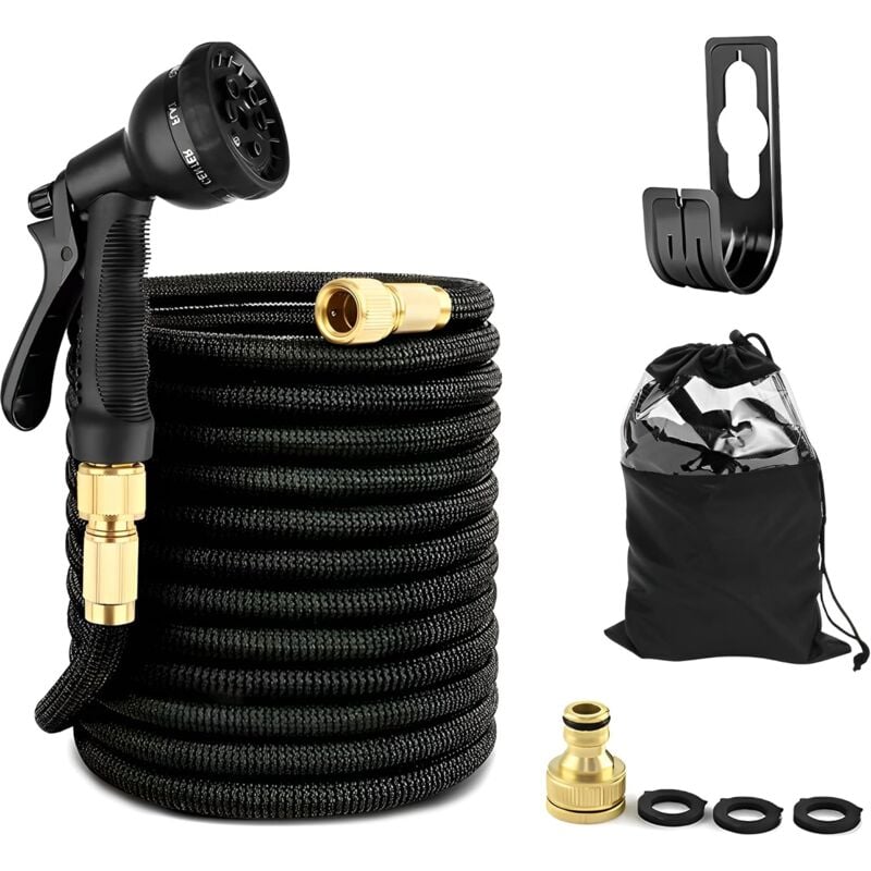 Tuyau d'arrosage - 30m - Flexible et durable - 8 modes de pulvérisation - Comprend un Sac de Rangement - Noir