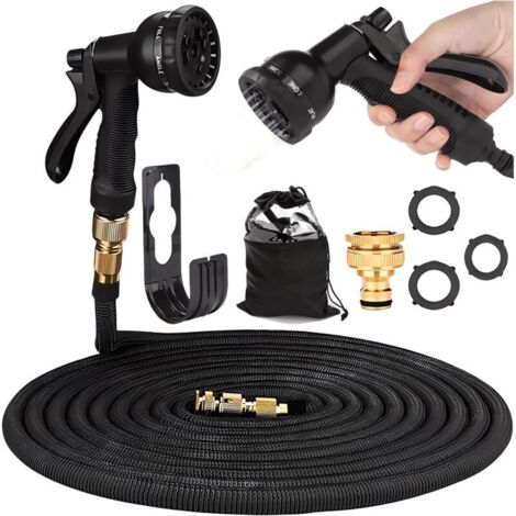 Tuyau d'arrosage 7m, Tuyau d’arrosage Extensible avec 1/2" et 3/4" (19mm et 13mm) Adaptateurs, 8 Modes d'Arrosage, Latex Triple Épaisseur Durable avec Raccords en Métal et Sac, Noir