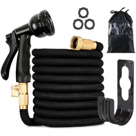 Tuyau d'arrosage Extensible 10m, Tuyau d'eau Flexible avec Pistolet d'Arrosage à 8 Modèles d'Irrigation, Raccords de 3/4" et 1/2" en Laiton Massif, Tuyau d'arrosage avec Sac de Rangement, Noir