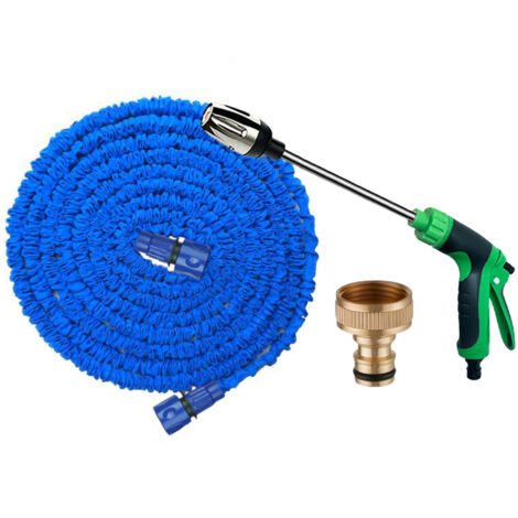 Tuyau d'Arrosage Extensible 25FT (7,5m) - Pistolet à Longue Tige Vert & Noir, Kit Bleu Complet-lsw