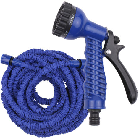 Tuyau d'arrosage extensible 3 fois (15 m / 50 pi) anti-fuite, télescopique et haute pression, avec buse à 7 jets pour le lavage de voiture et l'arrosage du jardin (bleu)