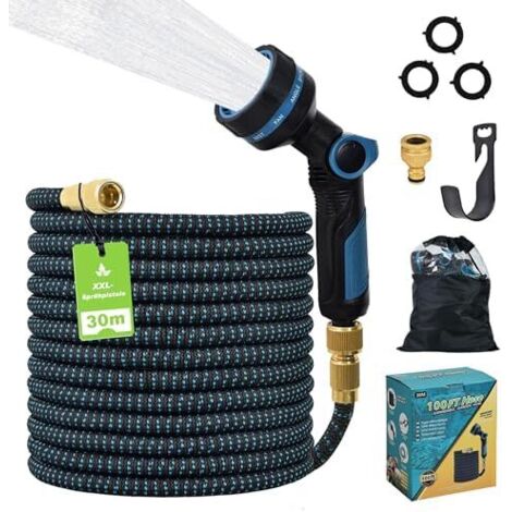 Tuyau d'Arrosage Extensible 30m, Automatique Rétractable avec Pistole XXL (24cm), 10 Fonctions, Raccords Métalliques Doubles (1/2" & 3/4"), TPE 2500D, Boîte Cadeau - Bleu et Noir Blue And Black