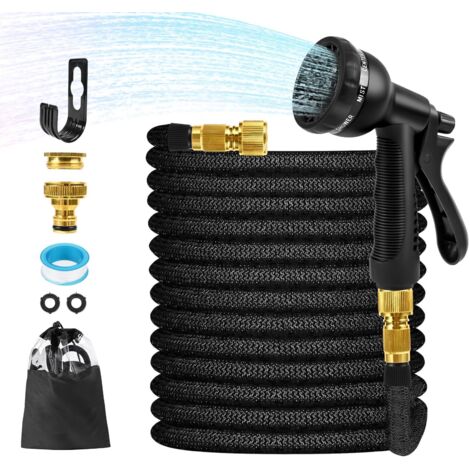 Tuyau d'arrosage Extensible 30M, Tuyaux d'arrosage Flexible 100FT, Tuyau Arrosage Extensible avec Pistolet 8 Fonctions et 1/2'' et 3/4'' Adaptateurs pour Irrigation du Jardin, Noir