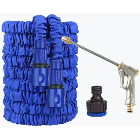Tuyau d'arrosage extensible 7,5 m avec pistolet à longue tige – Kit complet bleu, double couche en latex et polyester
