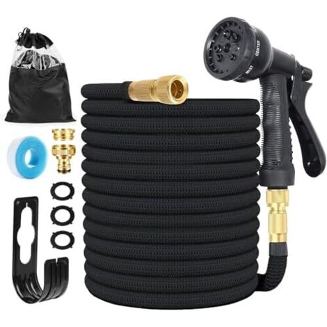 Tuyau d'arrosage Extensible 7.5M (3x2.5M) avec 8 Modèles de Pulvérisation Convient aux Robinets 1/2" et 3/4" Raccords flexible léger pour Jardin, Arrosage, Nettoyage Sac Rangement Noir 7.5 Mètres