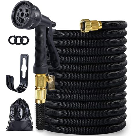 Tuyau d'arrosage extensible avec pistolet à 8 motifs, courroie robuste et raccords en laiton solide, tuyau d'arrosage flexible et sans courbure, Taille-50ft/15m (noir) - Tuyau d'arrosage extensible avec pistolet à 8 motifs, courroie robuste et racco