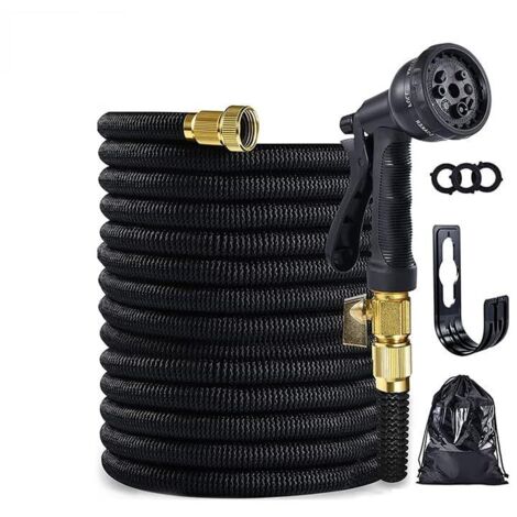 Tuyau d'arrosage extensible et flexible de 15.2 m avec buse de pulvérisation et support, tuyau d'arrosage rétractable, tuyau d'arrosage étanche, raccord en laiton massif de 1.9 cm (noir)