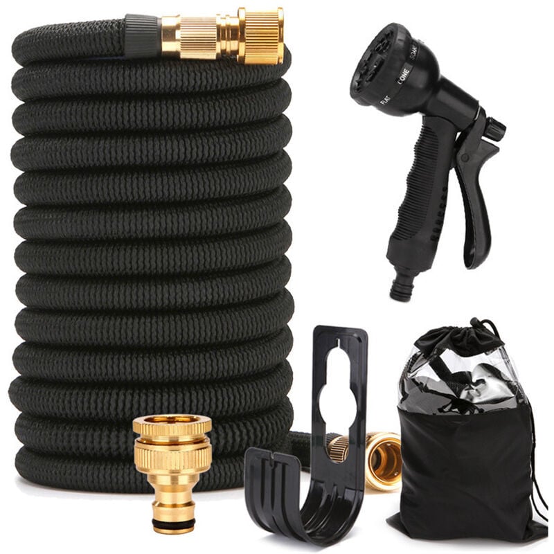 Tuyau d'Arrosage Extensible Haute Pression de 15m/50FT - Avec Pistolet à 8 Fonctions pour Nettoyage et Arrosage - Noir - Ulisem