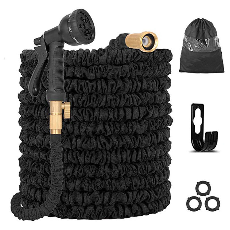 Tuyau d'arrosage extensible jusqu'à 30 m avec pistolet 8 fonctions, raccords en laiton, support de tuyau, sac de rangement (noir)