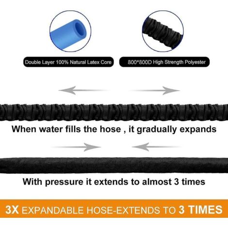 Tuyau d'arrosage extensible noir avec pistolet d'arrosage à 8 fonctions et raccords en laiton