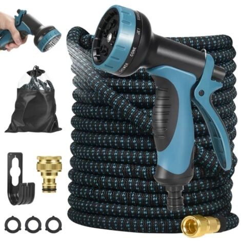 Tuyau d'arrosage flexible, 15 mètres / 50 pieds, avec 10 embouts fonctionnels, équipé de raccords de 3/4 pouce et 1/2 pouce, en caoutchouc double couche, avec raccords en laiton de haute qualité