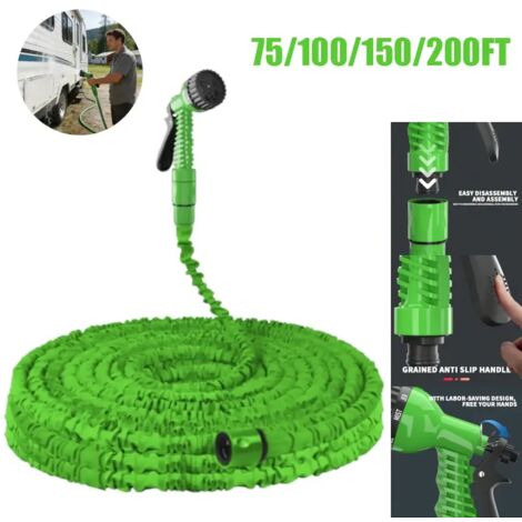 Tuyau d'arrosage rétractable (vert, 45,7 m) de 22,8 à 61 m avec sept jets différents, idéal pour les animaux, les voitures, les jardins et les terrasses.