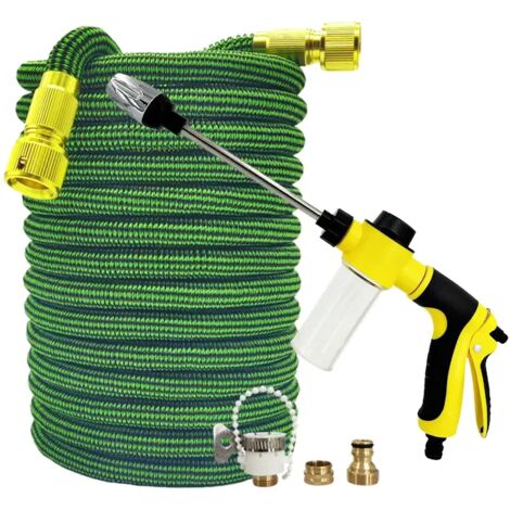 Tuyau d'arrosage télescopique (MULTI, 1/2'') avec pistolet à eau haute pression de 7,6 m à 30,5 m, équipé d'un réservoir à mousse et d'outils pour l'arrosage du jardin et le lavage de voiture.
