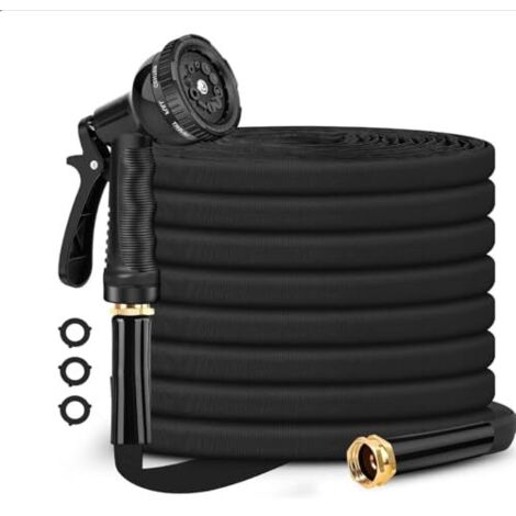 Tuyau d'arrosage, tuyau d'eau noir léger et flexible avec buse et raccords en laiton étanches - un tuyau robuste anti-nœuds adapté aux jardins, pelouses, voitures et camping-cars.