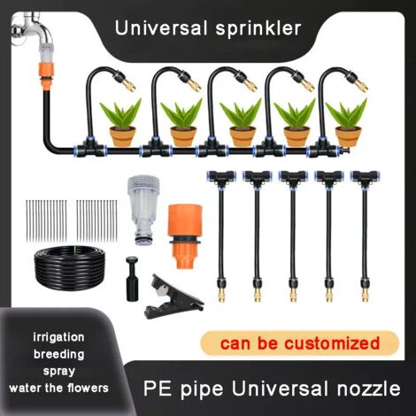 (Tuyau de 10 m - 5 buses) Kit d'arrosage automatique universel avec tuyau PE de 8 mm, buses rotatives en cuivre, pour l'arrosage, l'irrigation, la brumisation et le rafraîchissement des terrasses.