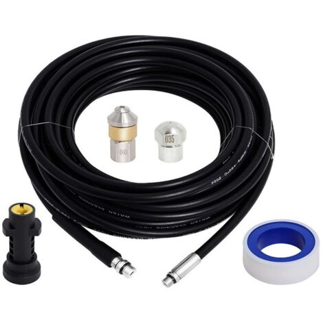 Tuyau de Débouchage Haute Pression 15M avec Buses Droite et Rotative, Compatible Lave-auto Série K, Outil de Nettoyage de Canalisations Noir/Téflon – 1 Pièce