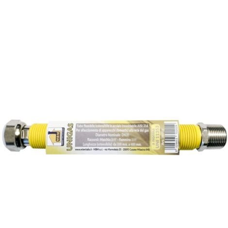 MBM Tuyau de gaz extensible en acier inoxydable 1/2'' 75 / 130 mm jaune inox norme UNI 11353