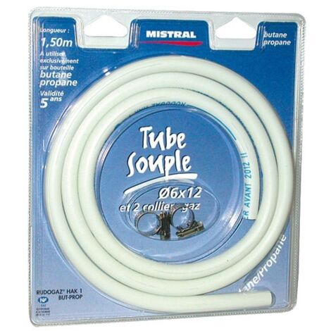 Tuyau de gaz flexible 1,5 m 6 mm – Pour butane et propane – Norme XPD 36.110 – Colliers inclus pour installation sécurisée – Mistral