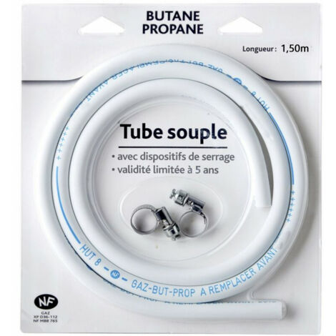Tuyau de gaz souple 1,50m – Caoutchouc blanc – Pression 200 mbar – Norme NF XP D36-110 – Raccordement gaz butane ou propane – Addax