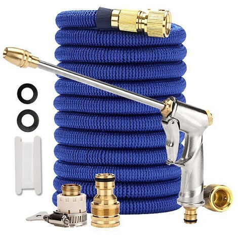 Tuyau de nettoyage de jardin avec buse Flexible and Expandable Garden Hose Solid Brass Fittings 6 Function Spray Nozzle bleu 7.5m