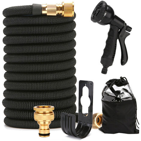 Tuyau de nettoyage de jardin avec buse Flexible and Expandable Garden Hose Solid Brass Fittings 8 Function Spray Nozzle noir 7.5m