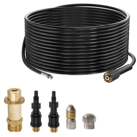Tuyau de nettoyage de tuyaux de 10 m avec 3 adaptateurs, 2 buses rigides et une buse rotative. Kit adapté aux nettoyeurs haute pression K2-K7, Lavor et Bosch pour un nettoyage performant des canalisat