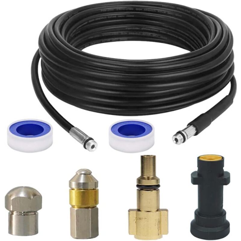 Tuyau de Nettoyage Haute Pression 15M 160Bar Déboucheur Canalisation Tuyau de Vidange avec Buse à Jet, Buse Rotatif et Adaptateurs pour Kärcher K2 K3