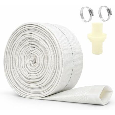 Tuyau de Refoulement Plat 32mm (1-1/4") x 10m, Pompe à Eau Blanc avec 2 Colliers & Adaptateur pour Vidange Piscine, Pompes Submersibles et Évacuation (Blanc) -