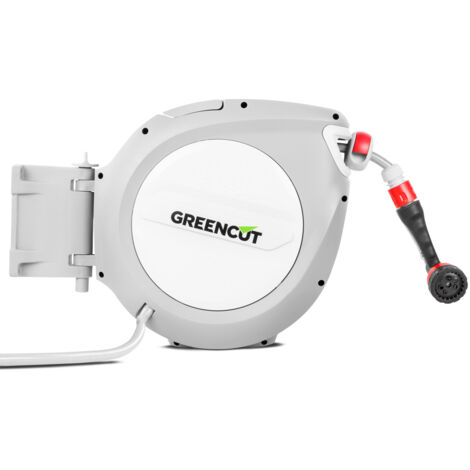 Tuyau d'eau 20m, dévidoir automatique et support mural pivotant à 180º, buse de tuyau à 9 positions - Greencut MNG200