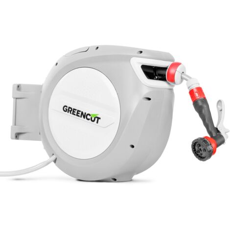 Tuyau d'eau de 10 m, enrouleur automatique et support mural orientable à 180º, pression de 8 bars, buse à 9 positions - Greencut MNG100