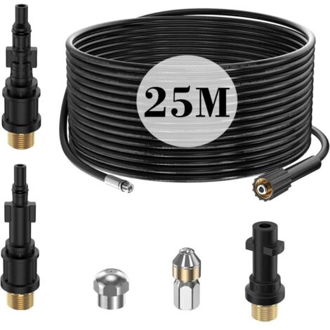 Tuyau déboucheur 25M pour nettoyeur haute pression – 180Bar – Buse rotative et rigides – Adaptateurs Lavor, Parkside, Bosch Aqt-Crezuo