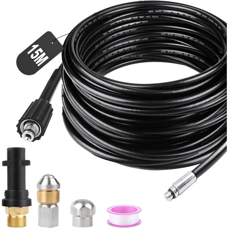 Tuyau Deboucheur Canalisation Haute Pression 15M 180bar Tuyau Déboucheur Flexible Tuyau Nettoyeur Haute Pression avec Buse à Jet et Buse Rotatif,