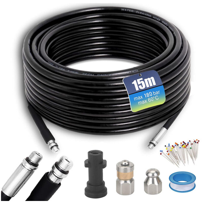 S-giant - Tuyau Déboucheur Canalisation karcher 15M,180Bar 60℃, furet karcher compatible avec Adaptateurs pour Kärhcer K2, K3, K4, K5, K6, K7