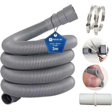 Tuyau d'évacuation d'eau sale de 3 m pour machine à laver avec raccord de tuyau d'évacuation et 2 colliers Rallonge de tuyau d'évacuation de 20 mm pour lave-linge lave-vaisselle