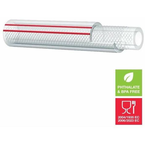 Tuyau en PVC renforcé norme AS 2070 transparent rayure longitudinale rouge sans phtalates pour eau air comprimé produits alimentaires, Ø intérieur 6 mm longueur 2 mètres